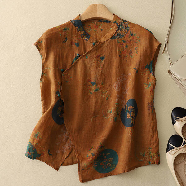 Wholesale Handmade Vintage Chinese Sleeveless Tops for Women – Floral Frog Button Blouses – MOQ 10 Pieces - Image 3