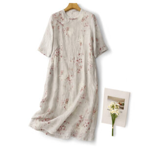 Custom Wholesale Linen Floral Dress for Women | Vintage Loose Fit Cheongsam Style Summer Dress | Handmade-Inspired Natural Cotton Linen Dress – MOQ 10 Pieces 2746