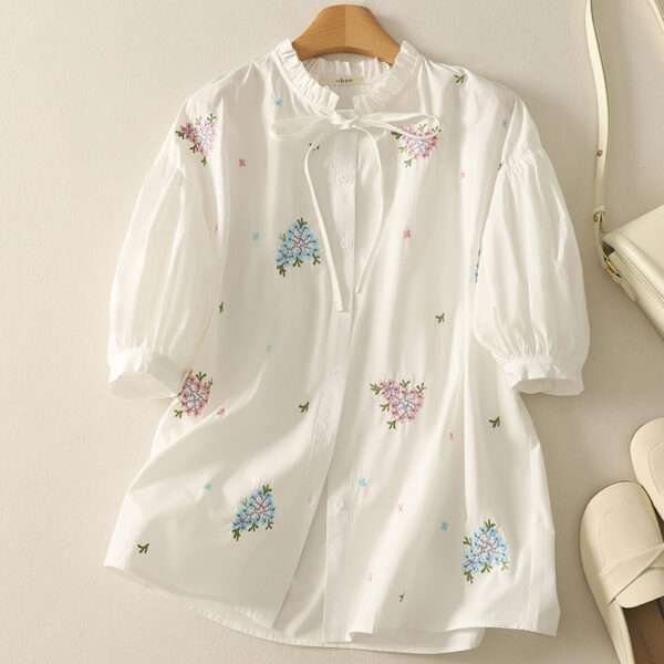 Wholesale Silk-Linen Blouse for Women | White Floral Top with Blue Print | Breathable Lightweight Summer Shirt | Boutique Apparel OEM 2790