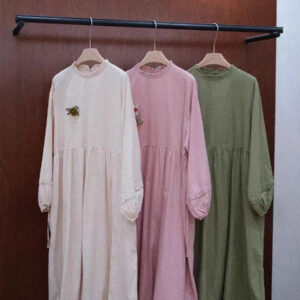 Japanese forest fungus stand-up collar cotton dress spring new loose and versatile waist tie-up age-reducing midi skirt