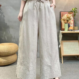Retro literary trouser leg embroidery linen straight leg pants women's spring new loose and versatile elastic waist lace-up wide-leg pants