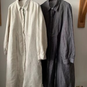 Vintage literary Japanese lapel linen dress spring new loose simple versatile waist tie-up midi skirt