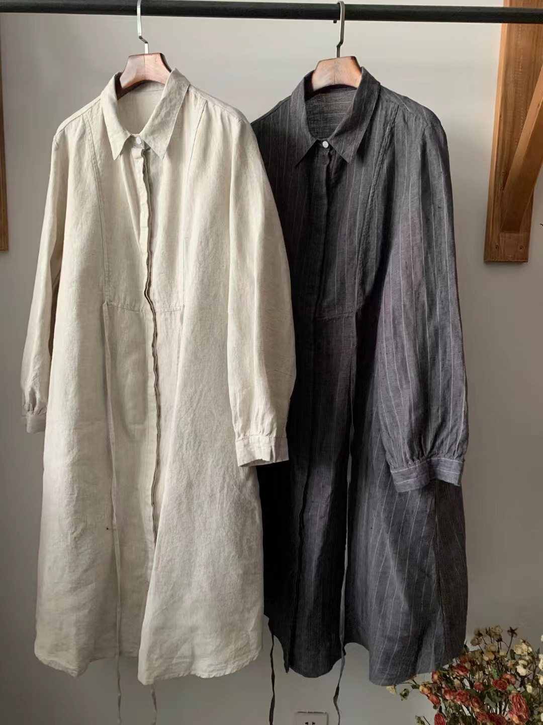 Vintage literary Japanese lapel linen dress spring new loose simple versatile waist tie-up midi skirt