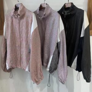 Japanese color-blocked plaid linen jacket women's spring new drawstring hem loose casual versatile mountain top women