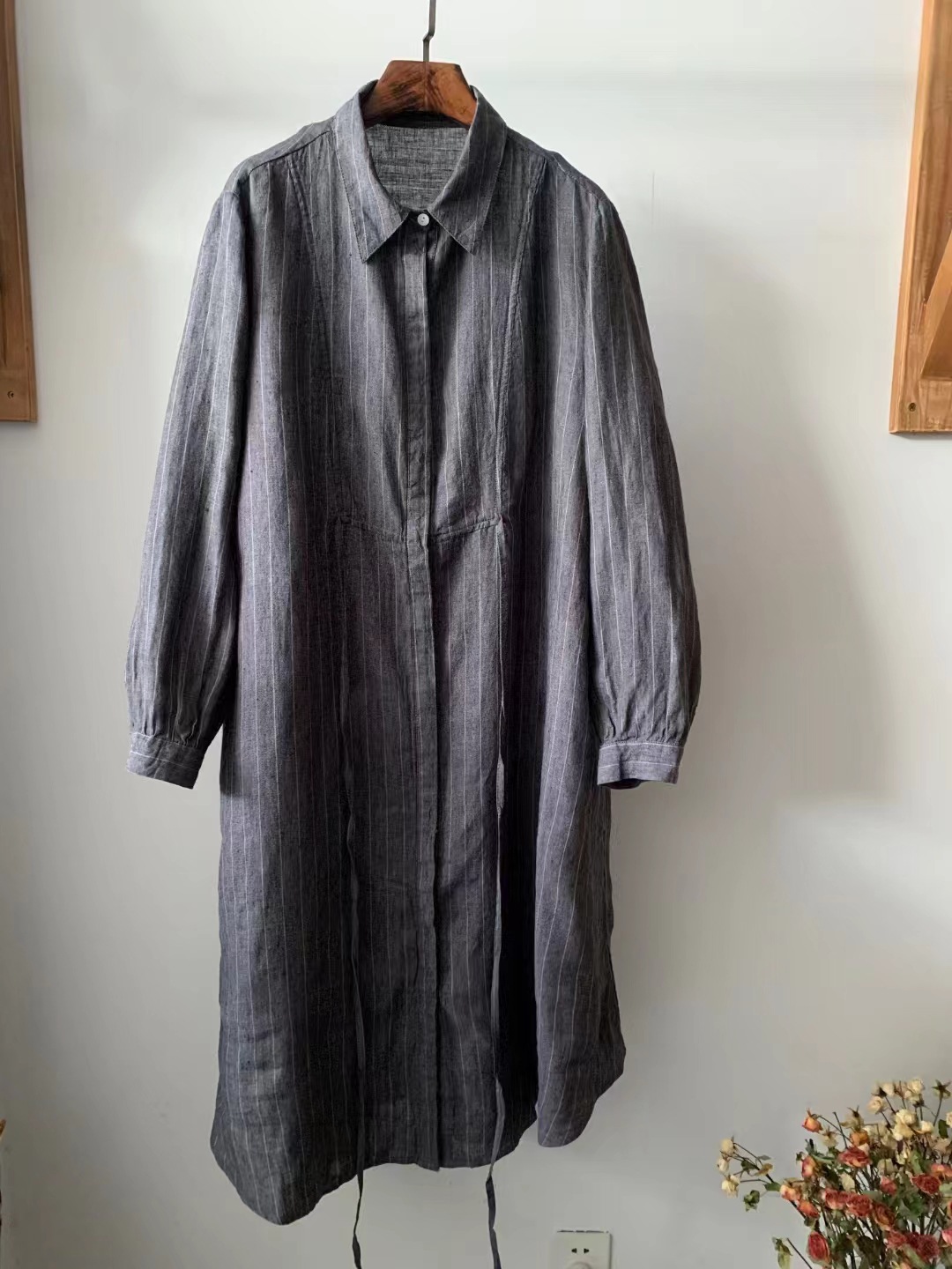 Vintage literary Japanese lapel linen dress spring new loose simple versatile waist tie-up midi skirt - Image 3