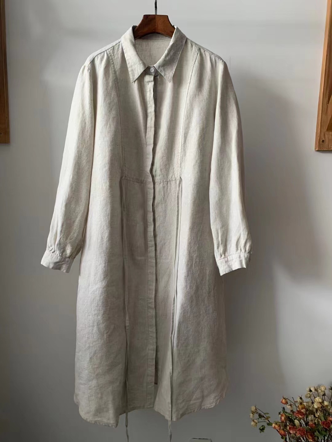 Vintage literary Japanese lapel linen dress spring new loose simple versatile waist tie-up midi skirt - Image 2